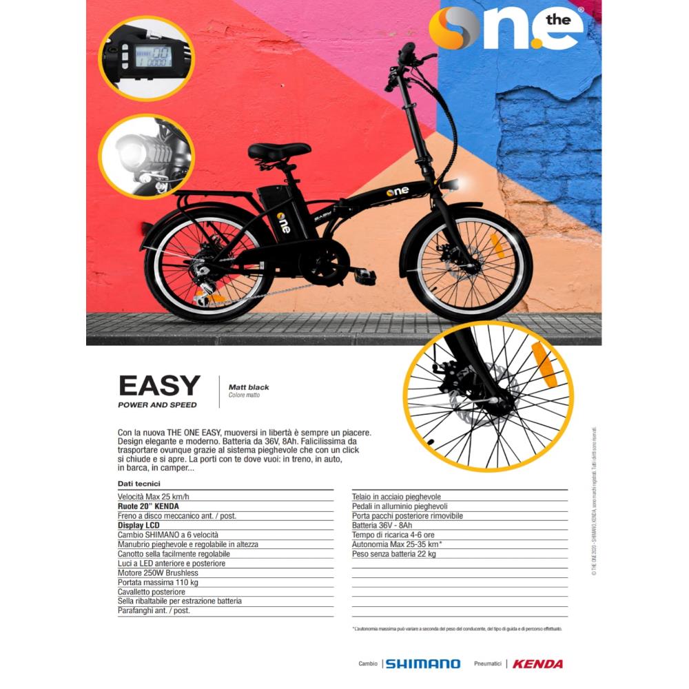 The One Bicicletta Elettrica E Bike Pieghevole 250 W 35 km Nero One Easy Black